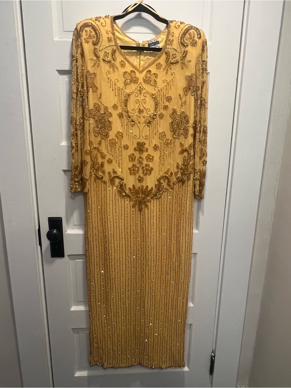 Vintage Gold Silk Beaded Long Sleeve Evening Gown ✨